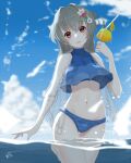  1girl beach bikini blue_bikini blue_sky breasts clouds cloudy_sky collarbone cup day drink drinking_straw eyebrows_visible_through_hair frilled_bikini_bottom grey_hair hair_between_eyes hair_ornament holding holding_cup horizon jingei_(kancolle) kantai_collection large_breasts long_sleeves navel neve ocean official_alternate_costume outdoors partially_submerged red_eyes see-through sky solo swimsuit turtleneck wading water whale_hair_ornament 