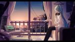  1girl absurdres aqua_hair balcony bed black_legwear blurry blurry_foreground book book_stack cable cellphone city clock clothes_hanger clouds commentary computer cup digital_clock electric_socket extension_cord feet_out_of_frame from_side glass_door hair_ornament hatsune_miku headphones headphones_around_neck highres holding holding_headphones holding_paper house indoors instrument keyboard_(instrument) laptop long_hair looking_away looking_to_the_side mug paper phone power_lines scenery sheet_music shirt shun&#039;ya_(daisharin36) sitting smartphone solo star_(sky) sunset table thigh-highs transmission_tower tree twintails very_long_hair vocaloid white_shirt wide_shot wooden_floor zettai_ryouiki 