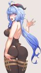  1girl :o ahoge ass bangs bare_back black_bodysuit blue_hair blush bodysuit commentary_request eyebrows_visible_through_hair from_behind ganyu_(genshin_impact) genshin_impact hair_between_eyes highres horns jamgom long_hair looking_at_viewer looking_back sidelocks simple_background solo twisted_torso violet_eyes 