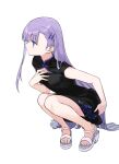  1girl bangs black_dress blue_eyes blue_ribbon blush breasts coffeekite dress fate/extra fate/extra_ccc fate_(series) highres long_hair meltryllis_(fate) purple_hair ribbon short_sleeves solo squatting 