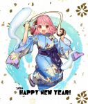  1girl 2024 blue_kimono bowl chopsticks english_text floral_print_kimono flower hair_flower hair_ornament happy_new_year holding holding_bowl holding_chopsticks japanese_clothes jumping kapuchii kimono looking_at_viewer pink_hair red_eyes saigyouji_yuyuko solo touhou white_background 