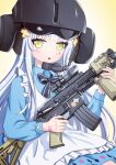  1girl alternate_costume apron assault_rifle blush girls_frontline green_eyes guan_1005 gun h&amp;k_hk416 highres hk416_(girls_frontline) jaeger_(rainbow_six_siege) long_hair rainbow_six_siege rifle silver_hair solo teardrop_tattoo very_long_hair weapon younger 