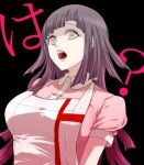  1girl apron bandages bangs black_background black_hair collared_shirt danganronpa_(series) danganronpa_2:_goodbye_despair dosugon long_hair mole mole_under_eye pink_eyes pink_shirt shiny shiny_hair shirt short_sleeves simple_background teeth tsumiki_mikan upper_body upper_teeth white_apron 