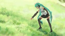 1girl aqua_eyes aqua_hair aqua_nails aqua_neckwear bare_shoulders black_legwear black_skirt black_sleeves boots commentary day detached_sleeves digiral english_commentary field grass hair_ornament hatsune_miku hatsune_miku_(vocaloid4) headphones highres leaning_forward long_hair making-of_available miniskirt nail_polish necktie outdoors pleated_skirt pulling shirt shoulder_tattoo skirt sleeveless sleeveless_shirt solo tattoo thigh-highs thigh_boots touch_grass_(meme) twintails v4x very_long_hair vocaloid white_shirt wide_shot zettai_ryouiki