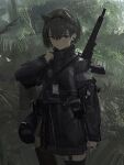  1girl adjusting_clothes animal_ears assault_rifle bag belt_pouch brown_eyes brown_hair earphones earphones earrings fake_animal_ears gun highres id_card jacket jewelry jungle looking_at_viewer nature original paindude pouch rifle ring short_hair shoulder_bag solo thigh-highs weapon weapon_on_back 