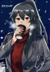  1girl black_hair black_jacket breath coffee_cup cup disposable_cup drinking jacket kantai_collection long_hair ponytail red_eyes sidelocks snow snowing solo somechime_(sometime1209) turtleneck twitter_username upper_body yahagi_(kancolle) 