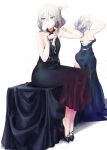  2girls absurdres ak-12_(girls_frontline) an-94_(girls_frontline) bare_shoulders dress evening_gown ggab0621 girls_frontline gradient hair_ornament hairclip high_heels highres multiple_girls silver_hair simple_background sitting 