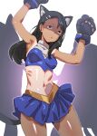  1girl animal_ears animal_hands armpits arms_up black_eyes black_hair blue_skirt bow_(bhp) breasts cat_ears cat_paws fake_animal_ears hair_ornament hairclip hands_up ijiranaide_nagatoro-san long_hair medium_breasts midriff nagatoro_hayase navel one-piece_tan skirt solo tan tanlines 