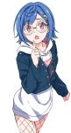  1girl :o bangs blue_hair blue_jacket denim denim_jacket dolphin_hair_ornament eyebrows_visible_through_hair fang fishnets glasses hood hoodie jacket karahai_(31448823) nijisanji nishizono_chigusa open_mouth red_eyes round_eyewear short_hair skin_fang solo virtual_youtuber white_background white_hoodie 