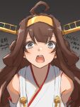  1girl absurdres ahoge brown_hair commentary_request double_bun gradient gradient_background grey_background grey_eyes hairband headgear highres japanese_clothes kantai_collection kongou_(kancolle) long_hair looking_at_viewer one-hour_drawing_challenge open_mouth round_teeth solo teeth translation_request umibudou upper_body upper_teeth 