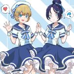  2girls alternate_costume animification apex_legends bangs black_hair blue_bow blue_eyes bow clenched_hand embarrassed eyebrows_visible_through_hair grey_eyes hair_behind_ear hair_bun heart holding_hands multiple_girls nepitasu open_hand sailor_collar scar scar_on_cheek scar_on_face short_hair spoken_heart spoken_sweatdrop sweatdrop wattson_(apex_legends) wraith_(apex_legends) 