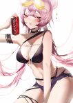  1girl absurdres arknights bangs bare_arms bare_shoulders bikini black_bikini black_choker blush breasts can choker coca-cola commentary_request cowboy_shot eyewear_on_head highres holding holding_can large_breasts lin_yuhsia_(arknights) long_hair looking_at_viewer navel open_mouth pink_eyes pink_hair simple_background solo stomach sunglasses swimsuit thighs very_long_hair white_background xiongshouji 