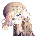  1girl adjusting_hair asymmetrical_hair black-framed_eyewear blonde_hair blue_eyes blush breasts brown_headwear brown_jacket closed_mouth commentary earrings english_commentary eyebrows_visible_through_hair eyelashes gear_hair_ornament glasses hair_ornament hairclip hand_in_hair hat head_tilt heart heart_earrings hololive hololive_english jacket jewelry key_necklace looking_at_viewer medium_hair necklace official_alternate_costume open_clothes open_jacket plaid plaid_jacket round_eyewear rumi_(rarumi11) side_ponytail simple_background small_breasts smile solo upper_body virtual_youtuber watson_amelia white_background 