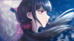  1girl bangs black_hair brown_hair collared_shirt commentary_request crying crying_with_eyes_open dangan_ronpa_(series) dangan_ronpa_v3:_killing_harmony eyebrows_visible_through_hair facial_hair floating_hair ghost goatee hair_ornament hair_scrunchie hairclip harukawa_maki head_out_of_frame highres long_hair low_twintails momota_kaito porary profile red_eyes red_scrunchie scrunchie shiny shiny_hair shirt solo_focus tears twintails 