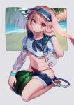  1boy a-uto animal_ears ansel_(arknights) ansel_(casual_vacation)_(arknights) arknights bangs bare_legs barefoot beach blue_headwear blue_neckwear blue_shorts closed_mouth clothes_pull collarbone commentary crop_top food fruit full_body grey_background groin looking_at_viewer male_focus midriff navel neckerchief ocean official_alternate_costume otoko_no_ko panties pink_hair rabbit_ears red_eyes red_panties see-through_sleeves seiza short_hair shorts shorts_pull sitting solo underwear visor_cap watch watch watermelon whistle whistle_around_neck white_shorts wristband 