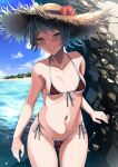 1girl ass_visible_through_thighs bare_arms bare_legs bare_shoulders bikini black_hair blush breasts collarbone cowboy_shot day eyebrows_visible_through_hair flower front-tie_bikini front-tie_top green_eyes groin hat hat_flower highres kantai_collection kyogoku_shin mogami_(kancolle) navel ocean red_bikini red_flower shore short_hair side-tie_bikini small_breasts smile solo sun_hat swimsuit 