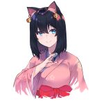  animal_ears bell black_hair blue_eyes bow breasts cat_ears cropped_torso eyebrows_behind_hair highres japanese_clothes kimi_tsuru kimono mahjong medium_breasts medium_hair nijisanji onomachi_haruka portrait red_bow smile virtual_youtuber 