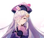  1girl alternate_hair_length alternate_hairstyle bangs blush closed_mouth coin coin_hair_ornament commentary dress expressionless floral_background flower genshin_impact gradient gradient_background hair_between_eyes hair_flower hair_ornament hair_over_one_eye hat hat_flower jiangshi light_purple_hair long_hair looking_at_viewer parted_bangs pink_background pink_eyes purple_dress purple_headwear qing_guanmao qiqi_(genshin_impact) rumi_(rarumi11) simple_background solo straight_hair tassel upper_body wide_sleeves 