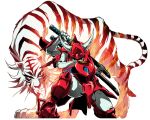  1boy armor blue_eyes byakuen full_body helmet holding holding_sword holding_weapon horned_helmet looking_at_viewer male_focus nakazaki_tou pauldrons sanada_ryou sheath sheathed shoulder_armor sword tiger weapon white_background white_tiger yoroiden_samurai_troopers 