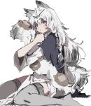  1girl animal_ear_fluff animal_ears arknights black_capelet blush braid capelet commentary_request dress foot_out_of_frame grey_eyes grey_legwear highres leopard_ears leopard_girl leopard_tail long_hair looking_at_viewer na_tarapisu153 pelvic_curtain pramanix_(arknights) simple_background sitting solo tail tail_hug thigh-highs tiara wariza white_background white_dress white_hair 