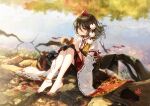  1girl black_hair black_skirt camera detached_sleeves eyebrows_visible_through_hair feet greek_toe hat kieta kourindou_tengu_costume leaf leaf_print maple_leaf medium_hair pom_pom_(clothes) red_eyes reflection river shameimaru_aya sitting skirt solo squirrel tengu tokin_hat touhou water 