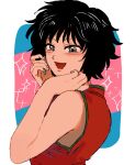  1girl :d bangs bare_arms bare_shoulders black_hair blush commentary commentary_request dress eyebrows_behind_hair open_mouth red_dress rin_(toriko) short_hair simple_background smile solo sparkle toriko_(series) xxharomikanxx 