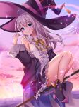  1girl ahoge blue_eyes blush broom broom_riding elaina_(majo_no_tabitabi) grey_hair hat highres jacket long_hair majo_no_tabitabi misekiss neck_ribbon off_shoulder petals pointy_footwear ribbon sky smile solo sunset thank_you witch witch_hat yellow_ribbon 