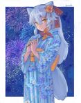  1girl alternate_costume animal_ears arctic_fox_(kemono_friends) blue_kimono commentary_request extra_ears eyebrows_visible_through_hair fireworks floral_print flower fox_ears fox_girl fox_tail hair_flower hair_ornament hanada_(cobalt003) highres japanese_clothes kemono_friends kimono long_hair looking_at_viewer paper_windmill print_kimono tail white_hair yellow_belt yellow_eyes yukata 