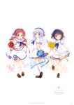  3girls :d ;q absurdres anko_(gochiusa) arms_behind_back artist_name black_hair blue_eyes blue_flower blue_neckwear blue_ribbon blue_rose bouquet brown_eyes brown_footwear dress drill_hair floating_hair flower full_body gochuumon_wa_usagi_desu_ka? hair_ornament hat highres holding holding_bouquet jouga_maya kafuu_chino kneehighs koi_(koisan) loafers long_hair looking_at_viewer multiple_girls natsu_megumi official_art one_eye_closed open_mouth red_eyes red_flower red_ribbon redhead ribbon rose sailor_collar sailor_dress shiny shiny_hair shoes short_dress short_hair silver_hair skirt_hold smile sunflower tippy_(gochiusa) tongue tongue_out twin_drills twintails two_side_up very_long_hair white_dress white_headwear white_legwear white_sailor_collar wild_geese x_hair_ornament yellow_flower yellow_ribbon 