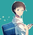  1boy absurdres bag black_hair blue_background blue_eyes cellphone collared_shirt commentary_request earphones earphones hajikkoneko highres holding holding_phone ikari_shinji looking_at_viewer looking_to_the_side male_focus neon_genesis_evangelion notice_lines parted_lips phone school_bag school_uniform shirt short_hair short_sleeves shoulder_bag simple_background smartphone solo upper_body very_short_hair white_shirt 