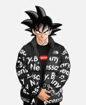  1boy black_hair black_jacket black_shirt closed_mouth commentary dragon_ball dragon_ball_z drip_(meme) english_commentary glaring grey_background highres jacket long_sleeves looking_at_viewer macheteblak male_focus meme muscular muscular_male shirt simple_background solo son_goku spiky_hair supreme the_north_face upper_body 