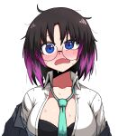  1girl black_bra black_hair blue_eyes blush bra breasts collarbone collared_shirt elma_(maidragon) eyebrows_visible_through_hair fang formicid glasses green_neckwear kobayashi-san_chi_no_maidragon large_breasts looking_at_viewer messy_hair multicolored_hair necktie open_mouth purple_hair round_eyewear shirt short_hair skin_fang solo sweat underwear white_shirt 