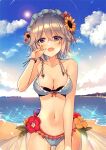  1girl bangs bare_shoulders beach bikini bloom blue_bikini blue_bra blue_eyes blue_panties blue_sky bow bra braid breasts clouds cloudy_sky eyebrows_visible_through_hair eyes_visible_through_hair flower grey_hair hair_between_eyes hair_bow hand_up highres house izayoi_sakuya kirero leaf maid_headdress medium_breasts mountain navel open_mouth panties pink_nails purple_flower red_bow red_flower sand short_hair sky smile solo standing stomach sun sunflower sunset swimsuit touhou twin_braids underwear wristband yellow_flower yellow_sky 