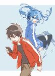  1boy 1girl :o black_hair black_legwear black_skirt black_sweater blue_eyes blue_hair blue_jacket brown_pants cellphone commentary ene_(kagerou_project) facial_mark headphones highres holding holding_phone jacket kagerou_project kisaragi_shintarou long_hair long_sleeves looking_at_viewer o59mn pants phone pleated_skirt red_jacket skirt smartphone sweater thigh-highs twintails 