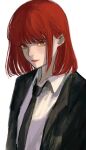  1girl alternate_hairstyle bangs black_neckwear black_suit blunt_bangs chainsaw_man closed_mouth formal highres makima_(chainsaw_man) necktie neckwear noroma02 orange_eyes red_lips redhead short_hair simple_background smile suit white_background 