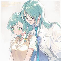 2girls aqua_hair aqua_neckwear bang_dream! bangs bespectacled blush bow braid collared_shirt commentary_request copyright_name eyebrows_visible_through_hair glasses green_eyes hand_on_another&#039;s_arm haneoka_school_uniform hikawa_hina hikawa_sayo incest long_hair milk_puppy multiple_girls necktie school_uniform shiny shiny_hair shirt short_hair short_sleeves siblings side_braids sidelocks sisters striped striped_neckwear summer_uniform sweater_vest twins twitter_username white_shirt yellow_bow