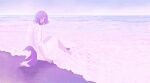  1girl bare_legs barefoot beach bird dress horizon knees_up medium_hair original penguin purple_hair purple_theme shadow sitting solo tabisumika white_dress wide_shot 