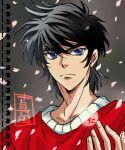  1boy black_hair blue_eyes eyebrows_visible_through_hair frown grey_background hair_between_eyes lips looking_at_viewer male_focus petals red_shirt sanada_ryou shirt short_hair sidelocks sisido_(black_candy) solo upper_body yoroiden_samurai_troopers 