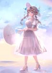  1girl backlighting blue_eyes blue_sky bracelet breasts brown_hair bug butterfly butterfly_on_head clouds commentary_request day dress expressionless full_body gradient_sky hair_ornament hat high_heels highres holding holding_umbrella insect jewelry lace lace_legwear looking_at_viewer low_twintails medium_breasts original outdoors petticoat puffy_short_sleeves puffy_sleeves puracotte purple_dress purple_footwear purple_headwear short_hair short_sleeves signature sky solo standing star_(symbol) star_hair_ornament sun sun_hat twintails umbrella yellow_sky 