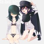  2girls :d arm_up bangs black_bra black_cape black_footwear black_hair black_headwear black_panties blush bra brown_eyes buttons cape character_name collarbone commentary_request dangan_ronpa_(series) dangan_ronpa_v3:_killing_harmony double-breasted dress_shirt fang foreshortening frown genderswap genderswap_(mtf) grey_background grey_jacket grey_shirt hat invisible_chair jacket keroro7 kneehighs kneeling lace-trimmed_bra lace_trim long_hair long_sleeves looking_at_viewer medium_hair multiple_girls navel no_pants open_clothes open_mouth open_shirt ouma_kokichi panties purple_footwear purple_hair red_panties saihara_shuuichi shirt simple_background sitting smile stomach sweatdrop underwear violet_eyes white_legwear 