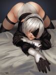  absurdres back_cutout black_blindfold black_hairband blindfold boots clothing_cutout feather-trimmed_sleeves gloves hairband high_heel_boots high_heels highres juliet_sleeves leotard long_sleeves mathias_leth mole mole_under_mouth nier_(series) nier_automata on_bed puffy_sleeves silver_hair thigh-highs thigh_boots thighhighs_under_boots thong_leotard vambraces white_leotard yorha_no._2_type_b 