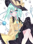 1girl aqua_eyes aqua_hair bangs black_headwear blurry blurry_background bow breasts bright_pupils depth_of_field eyebrows_visible_through_hair floral_print frilled_shirt_collar frills green_skirt hat hat_bow highres komeiji_koishi lace_trim long_hair long_sleeves looking_at_viewer medium_breasts shirt simple_background skirt sleeves_past_fingers sleeves_past_wrists solo third_eye touhou white_background wide_sleeves yellow_bow yellow_shirt yumeno_ruruka 