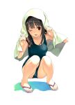  1girl ;d bangs bare_shoulders black_hair blue_swimsuit breasts commentary_request eyebrows_visible_through_hair flower hands_up knees_up koutaro long_hair looking_at_viewer one_eye_closed open_mouth original pink_flower red_eyes sandals school_swimsuit small_breasts smile solo squatting swimsuit thighs towel towel_on_head white_background 