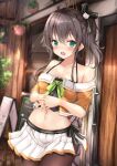  1girl black_legwear blush breasts brown_hair collarbone commentary_request green_eyes hair_ornament hair_ribbon hololive looking_at_viewer medium_hair midriff natsuiro_matsuri open_mouth pantyhose ribbon rumiko_(rmeco) side_ponytail small_breasts solo virtual_youtuber 