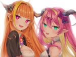  2girls absurdres ahoge asymmetrical_horns bangs bare_shoulders blonde_hair bow braid breasts brooch check_commentary clover_(cloversoya) commentary_request eyebrows_visible_through_hair fang green_eyes hair_ornament hairband highres hololive horn_bow horn_ornament horns jewelry kiryu_coco long_hair looking_at_viewer mano_aloe multicolored_hair multiple_girls open_mouth orange_hair pink_hair pointy_ears two-tone_hair violet_eyes virtual_youtuber white_background wing_collar 