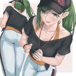 1girl absurdres ass bangs baseball_cap black_headwear black_shirt border collarbone from_behind from_below green_eyes green_hair grey_background hat highres idolmaster idolmaster_shiny_colors long_hair looking_at_viewer nanakusa_hazuki off-shoulder_shirt off_shoulder outside_border pants ponytail shirt short_sleeves swept_bangs umirororo very_long_hair whistle whistle_around_neck white_border white_pants