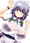  1girl apron blue_eyes bra braid breasts highres izayoi_sakuya large_breasts maid maid_apron maid_headdress see-through short_hair silver_hair solo touhou twin_braids underwear waist_apron xialu_zajin 