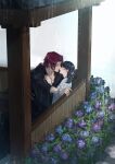  1boy 1girl absurdres black_hair bracelet closed_eyes female_saniwa_(touken_ranbu) flower hakama hand_on_another&#039;s_chest hetero highres huge_filesize hydrangea imminent_kiss japanese_clothes jewelry onota_(fkdx2243) ponytail rain redhead saniwa_(touken_ranbu) sideburns sitting smile tonbokiri_(touken_ranbu) touken_ranbu 