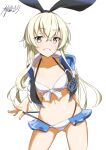  1girl ass_visible_through_thighs ayuman bikini black_hairband blonde_hair commentary_request dated flat_chest grey_eyes groin hairband jacket kantai_collection long_hair looking_at_viewer shimakaze_(kancolle) signature simple_background solo swimsuit white_background white_bikini white_jacket 