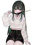  1girl ahoge alternate_hairstyle black_choker black_hair black_shorts blush character_name choker cropped_hoodie green_eyes green_hair heart high-waist_shorts highres hood hoodie long_hair maguro_(minase1684) mask_pull multicolored_hair nijisanji nijisanji_kr shin_yuya shorts solo streaked_hair translated virtual_youtuber white_hoodie 